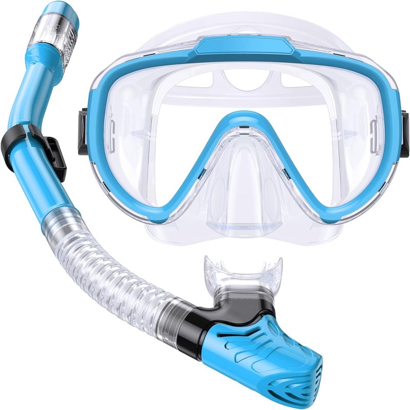 Seovediary Kids Snorkel Set, Anti-Fog Panoramic Tempered Glass Kids Snorkel mask, Anti-Leak Scuba Diving Mask with Mesh Bag, Dry Top Snorkeling Gear for Kids and Youth Age 4-16 - Image 1